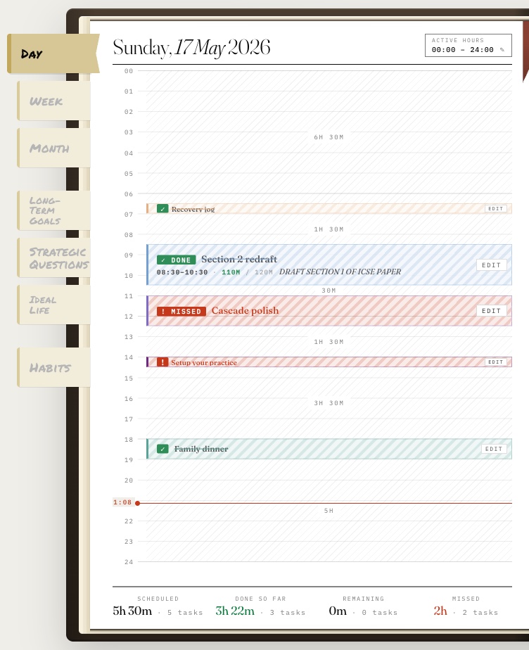 The Use Time app's day view — an open book with sticky-note navigation tabs down the left edge and a timed calendar from midnight to midnight with the day's work scheduled in coloured blocks.